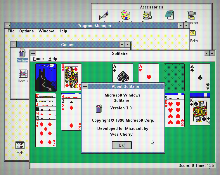 The first Microsoft Windows Solitaire game developed by Wes Cherry in 1990